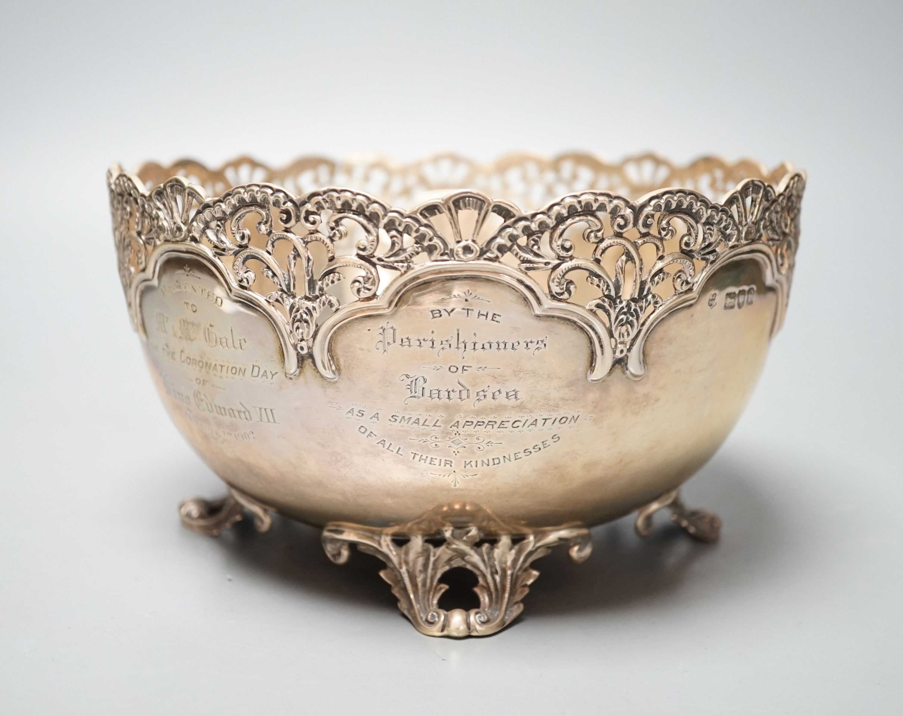 An Edwardian silver presentation bowl with engraved inscriptions and pierced border, Josiah Williams & Co, London, 1901, 20cm, 20.5oz.